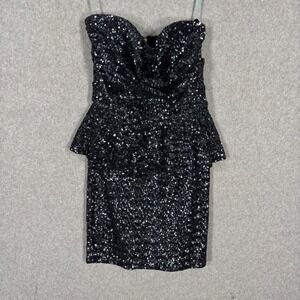 La Cite Sequin Strapless Mini Dress Medium Navy Peplum Ruffle 90s‎ Party Holiday